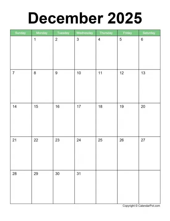 December 2025 Calendar Classic Bordered Green Portrait Sunday Start Week Full Design16