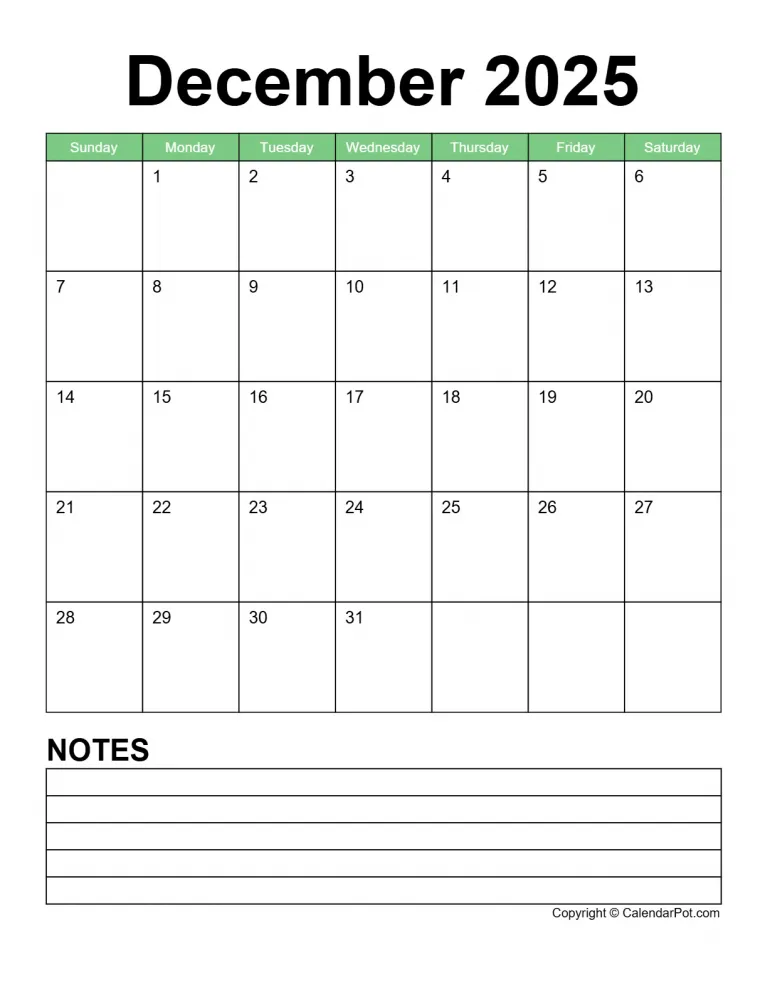 December 2025 Calendar Classic Bordered Green With Notes Portrait Sunday Start Week Full Design16 765x990.webp