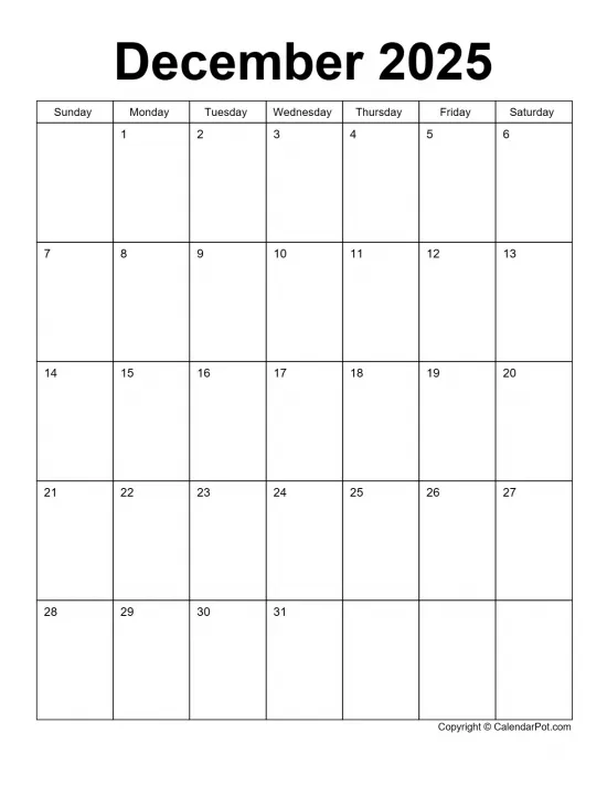 December 2025 Calendar Classic Bordered Month Portrait Sunday Start Week Full Design1