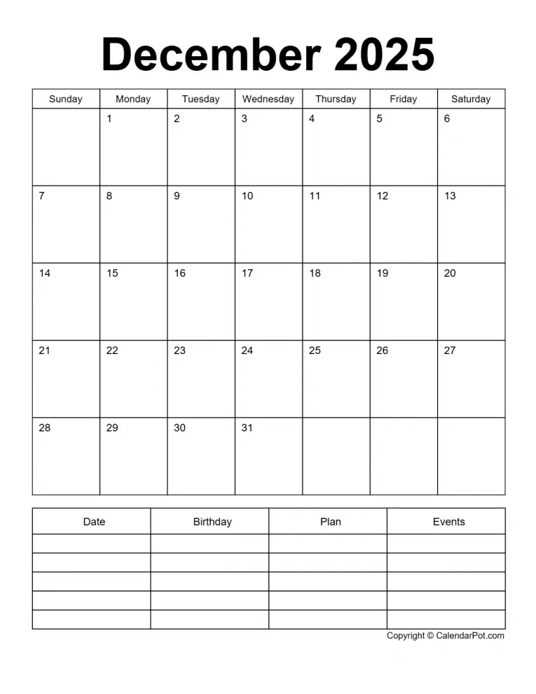 December 2025 Calendar Classic Bordered Month With Notes Portrait Sunday Start Week Full Design1 765x990.webp