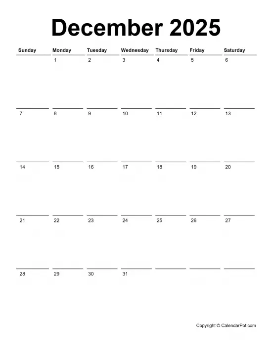 December 2025 Calendar Classic Day Border Horizontaly Portrait Sunday Start Week Full Design13