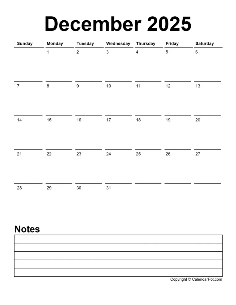 December 2025 Calendar Classic Day Border Horizontaly With Notes Portrait Sunday Start Week Full Design13 765x990.webp