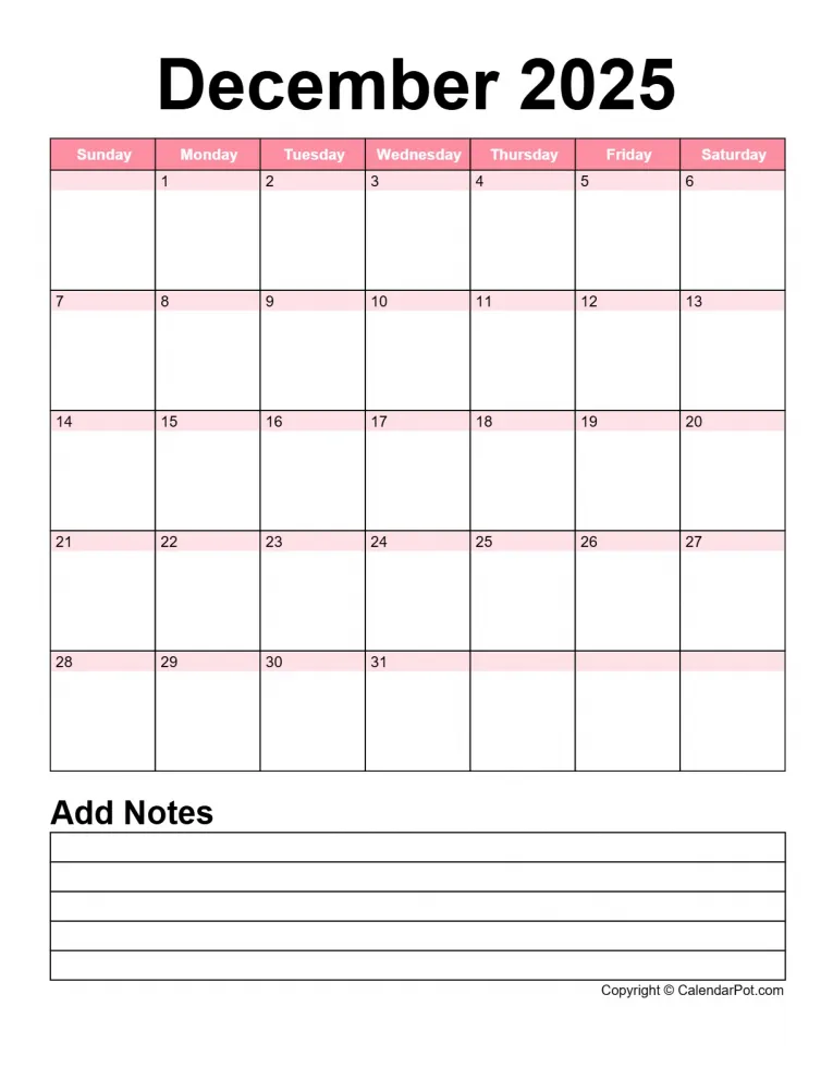 December 2025 Calendar Classic Day Color Horizontaly With Notes Portrait Sunday Start Week Full Design12 765x990.webp