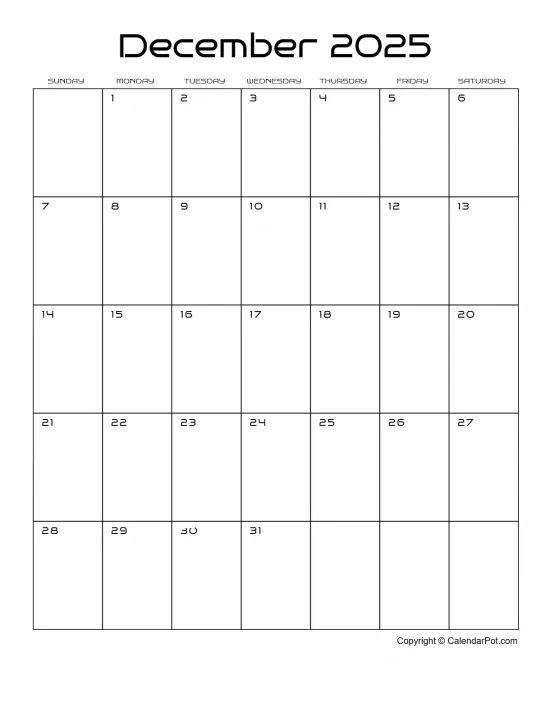 December 2025 Calendar Classic Month Outlined Portrait Sunday Start Week Full Design4