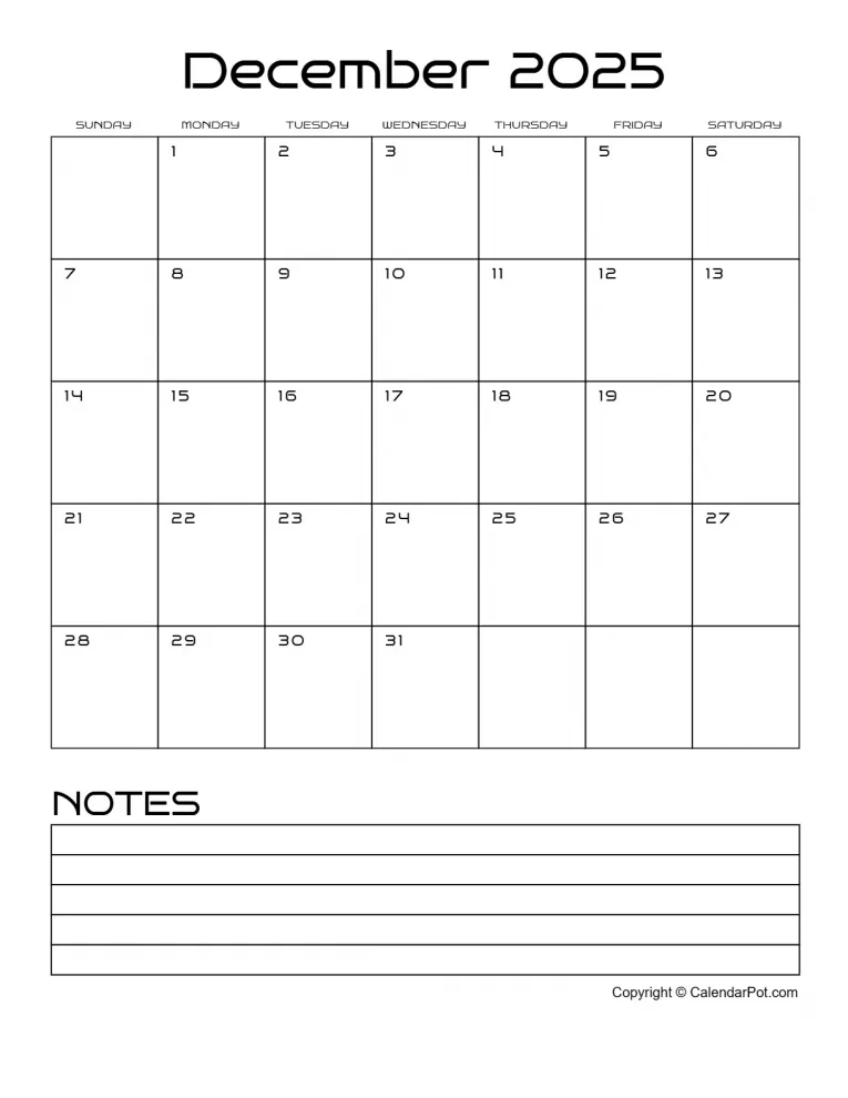 December 2025 Calendar Classic Month Outlined With Notes Portrait Sunday Start Week Full Design4 765x990.webp