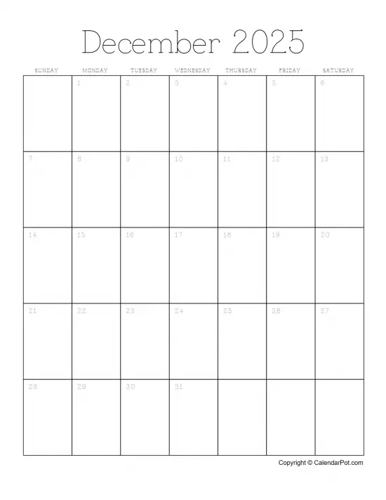 December 2025 Calendar Month Outlined Portrait Sunday Start Week Full Design2