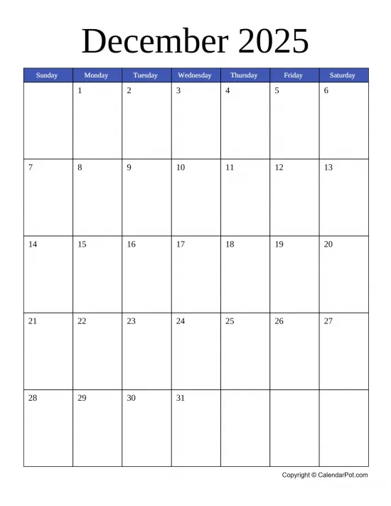 December 2025 Calendar Monthly Blue Week Background Portrait Sunday Start Week Full Design10