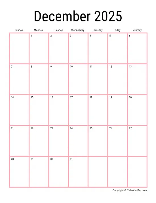 December 2025 Calendar Monthly Classic Dark Border Orange Portrait Sunday Start Week Full Design18
