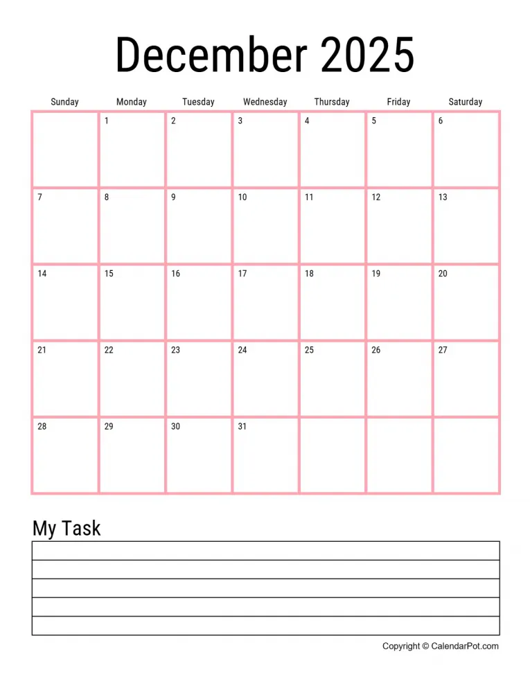 December 2025 Calendar Monthly Classic Dark Border Orange With Notes Portrait Sunday Start Week Full Design18 765x990.webp