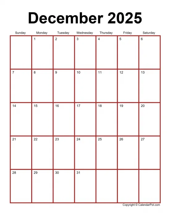 December 2025 Calendar Monthly Classic Dark Border Red Portrait Sunday Start Week Full Design17