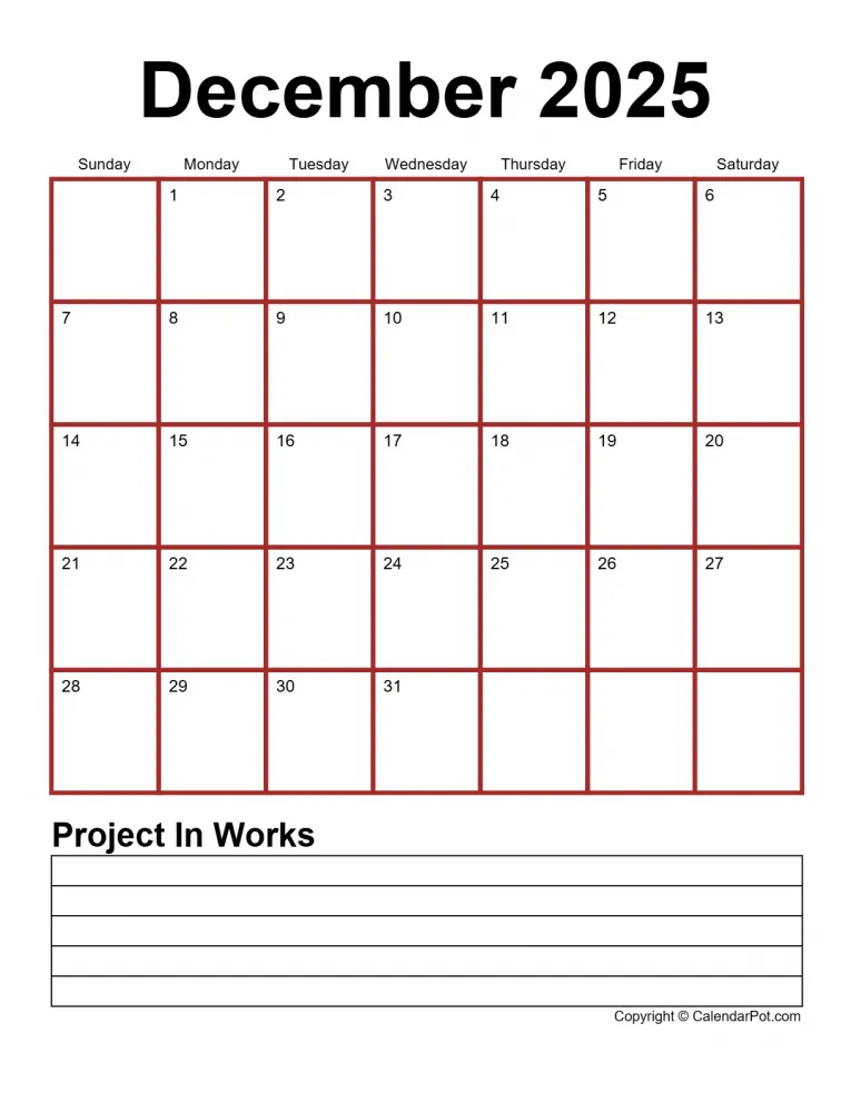 December 2025 Calendar Monthly Classic Dark Border Red With Notes Portrait Sunday Start Week Full Design17 765x990.webp