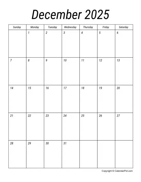 December 2025 Calendar Simple Italic Style Portrait Sunday Start Week Full Design7