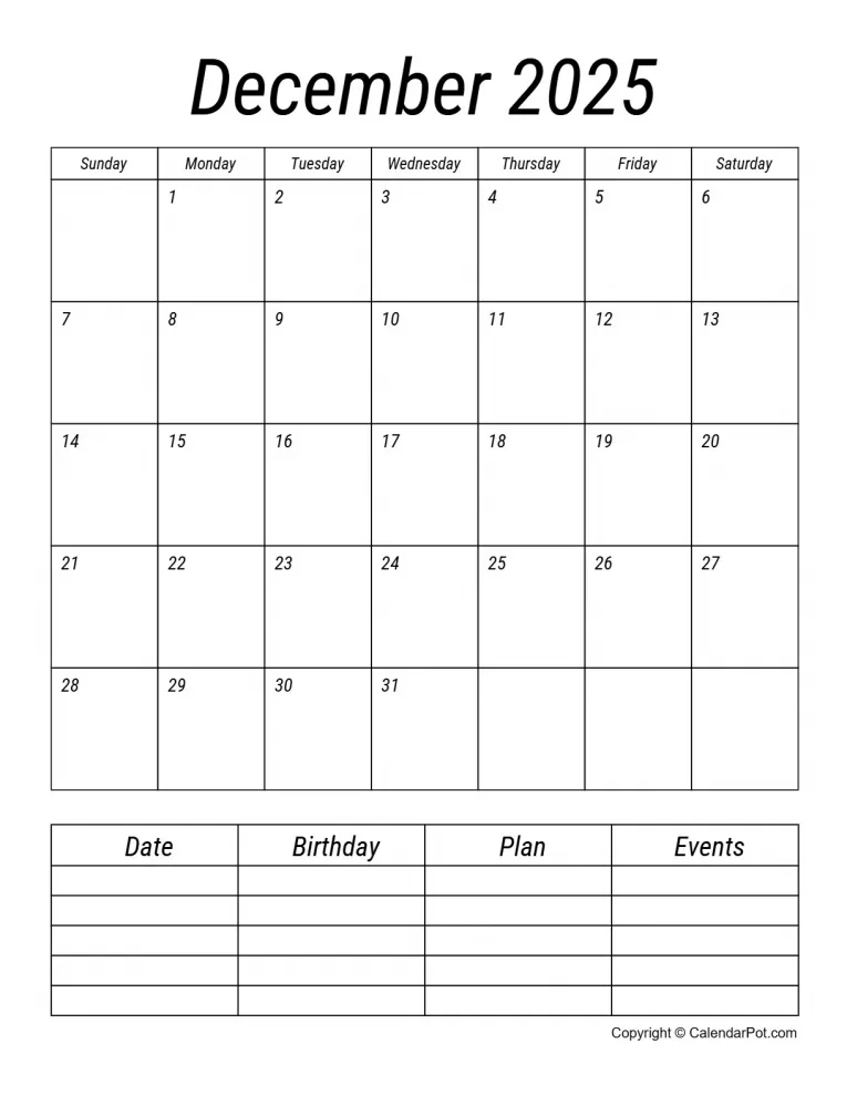 December 2025 Calendar Simple Italic Style With Notes Portrait Sunday Start Week Full Design7 765x990.webp