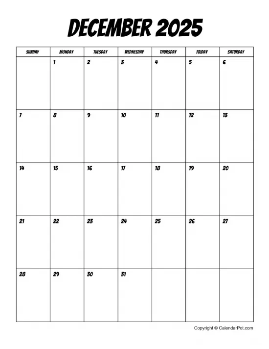 December 2025 Calendar Simple Month Bordered Portrait Sunday Start Week Full Design3