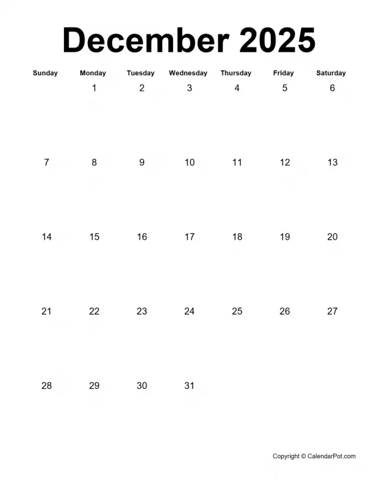 December 2025 Calendar Simple Month Week Noborder Portrait Sunday Start Week Full Design14