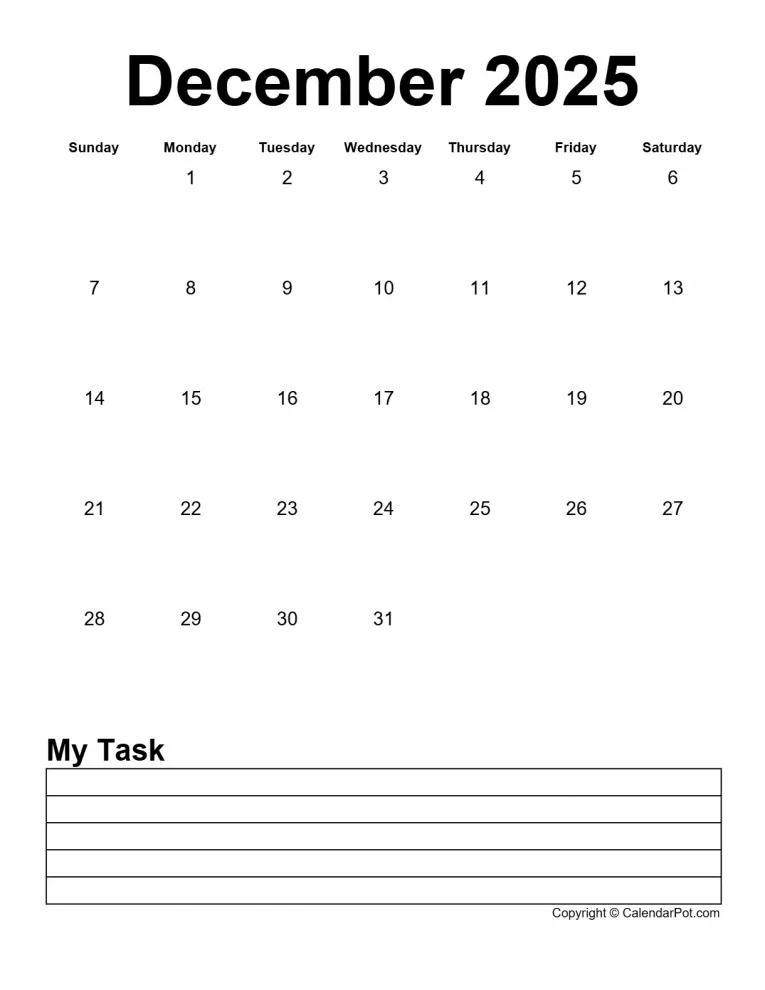 December 2025 Calendar Simple Month Week Noborder With Notes Portrait Sunday Start Week Full Design14 765x990.webp