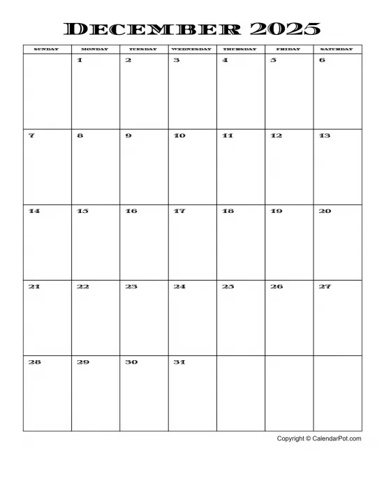 December 2025 Calendar Simple Month Week Portrait Sunday Start Week Full Design5