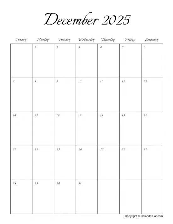 December 2025 Calendar Stylish Font Classic Month Outer Border Portrait Sunday Start Week Full Design6