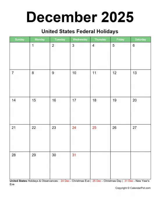 December 2025 United States Calendar Classic Bordered Green Portrait Sunday Start Week Full Design16