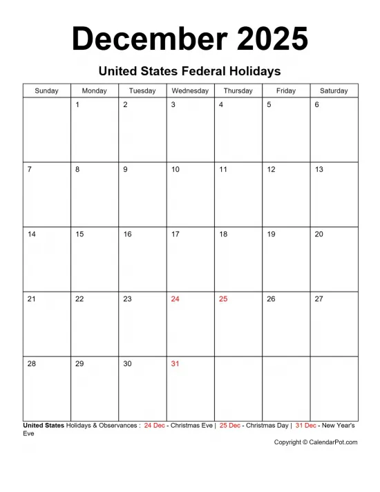 December 2025 United States Calendar Classic Bordered Month Portrait Sunday Start Week Full Design1