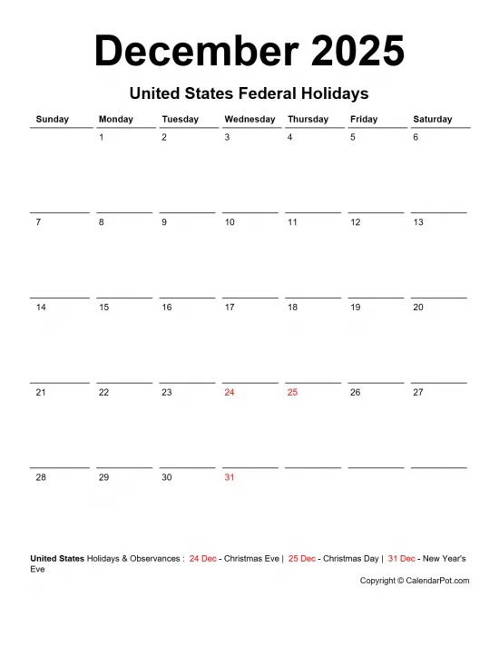 December 2025 United States Calendar Classic Day Border Horizontaly Portrait Sunday Start Week Full Design13