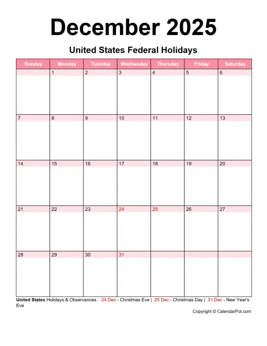 December 2025 United States Calendar Classic Day Color Horizontaly Portrait Sunday Start Week Full Design12