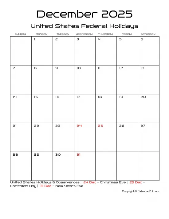 December 2025 United States Calendar Classic Month Outlined Portrait Sunday Start Week Full Design4