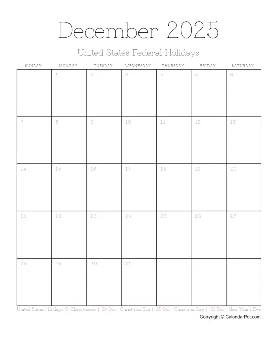 December 2025 United States Calendar Month Outlined Portrait Sunday Start Week Full Design2