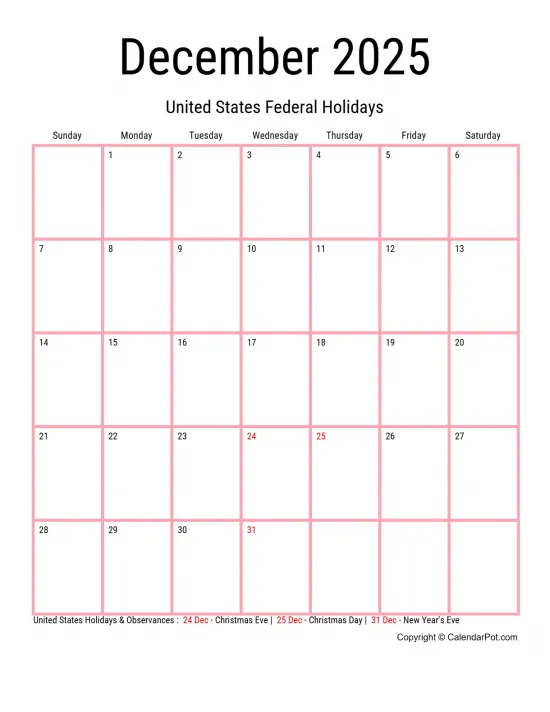 December 2025 United States Calendar Monthly Classic Dark Border Orange Portrait Sunday Start Week Full Design18