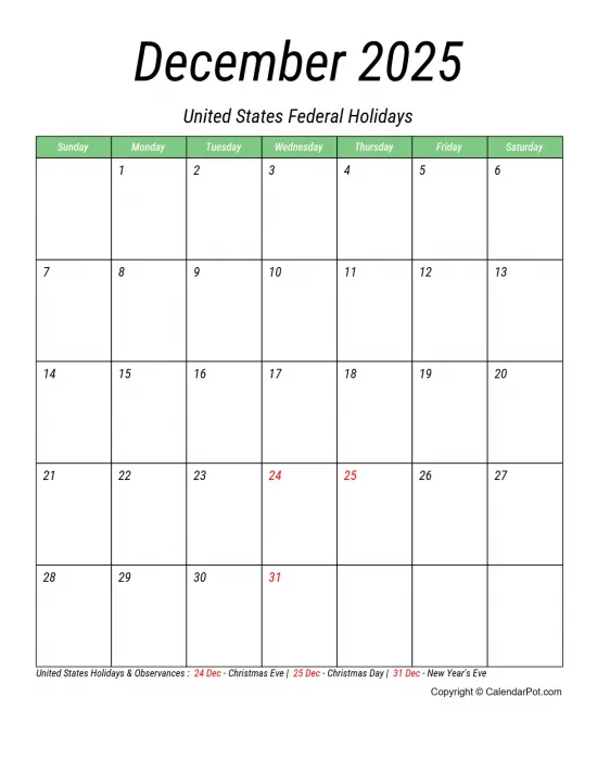 December 2025 United States Calendar Monthly Printable Week Background Portrait Sunday Start Week Full Design8