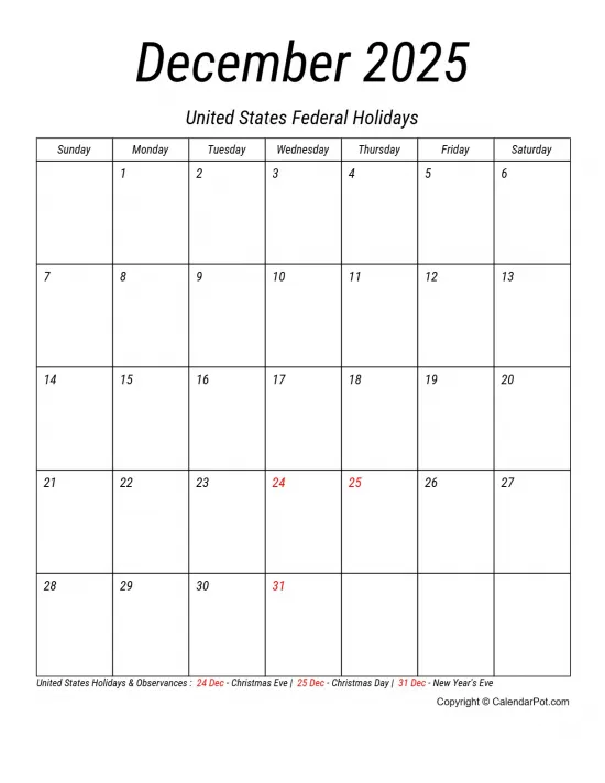 December 2025 United States Calendar Simple Italic Style Portrait Sunday Start Week Full Design7