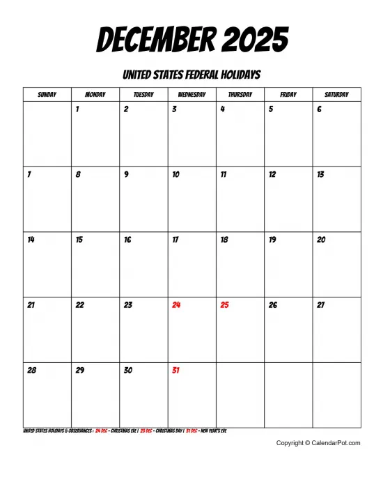 December 2025 United States Calendar Simple Month Bordered Portrait Sunday Start Week Full Design3