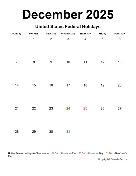 December 2025 United States Calendar Simple Month Week Noborder Portrait Sunday Start Week Full Design14