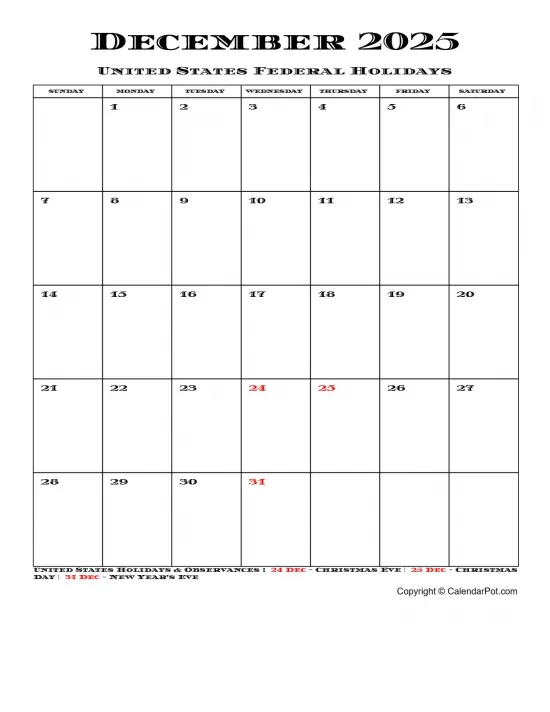 December 2025 United States Calendar Simple Month Week Portrait Sunday Start Week Full Design5