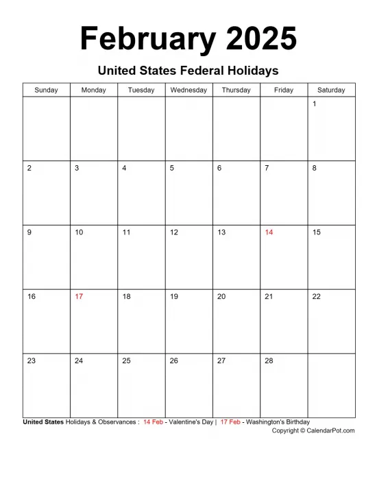 February 2025 United States Calendar Classic Bordered Month Portrait Sunday Start Week Full Design1