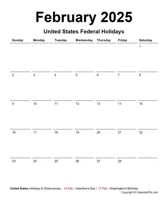 February 2025 United States Calendar Classic Day Border Horizontaly Portrait Sunday Start Week Full Design13