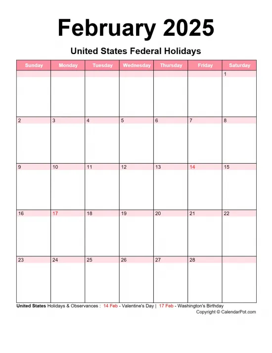 February 2025 United States Calendar Classic Day Color Horizontaly Portrait Sunday Start Week Full Design12