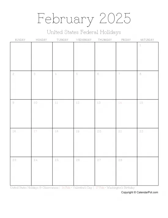 February 2025 United States Calendar Month Outlined Portrait Sunday Start Week Full Design2