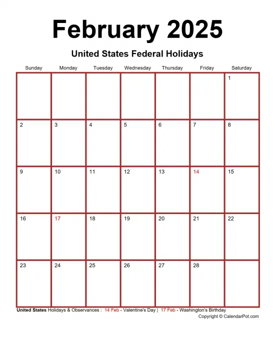 February 2025 United States Calendar Monthly Classic Dark Border Red Portrait Sunday Start Week Full Design17