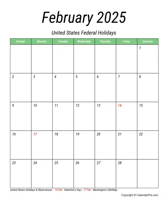 February 2025 United States Calendar Monthly Printable Week Background Portrait Sunday Start Week Full Design8