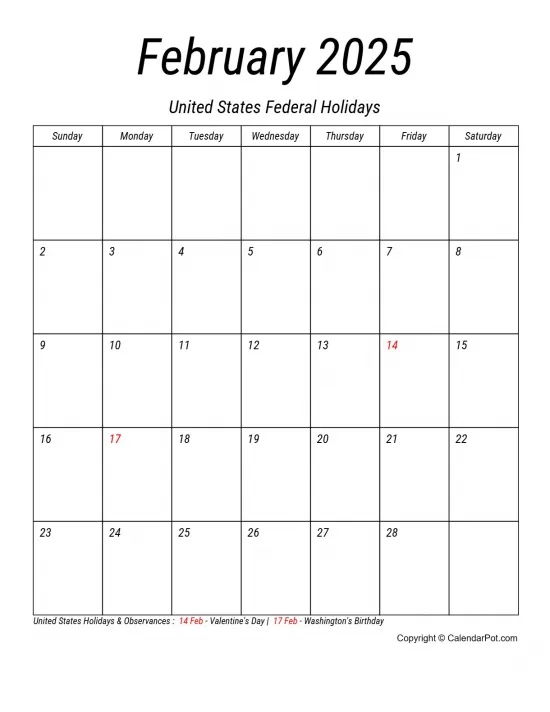February 2025 United States Calendar Simple Italic Style Portrait Sunday Start Week Full Design7