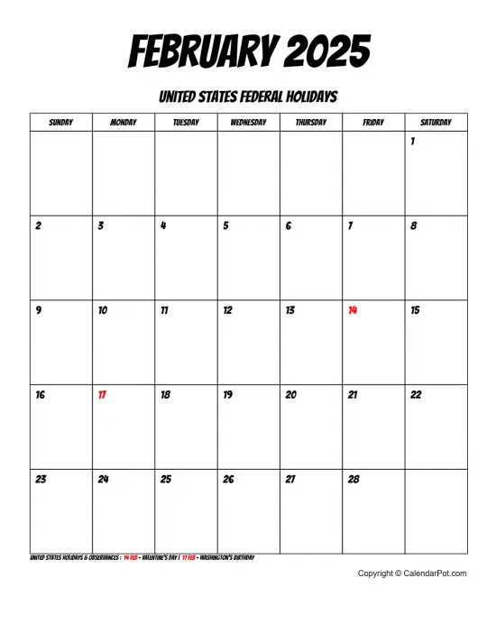 February 2025 United States Calendar Simple Month Bordered Portrait Sunday Start Week Full Design3