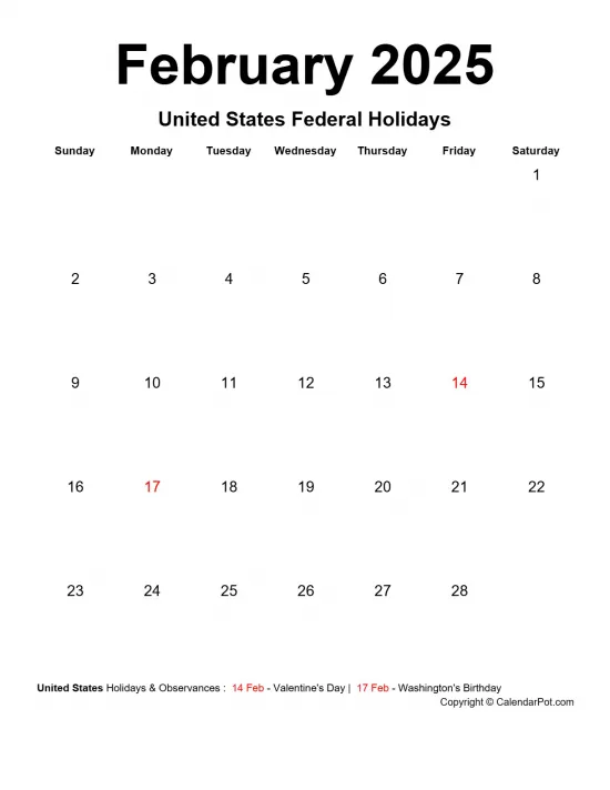 February 2025 United States Calendar Simple Month Week Noborder Portrait Sunday Start Week Full Design14