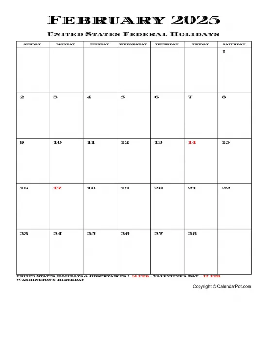 February 2025 United States Calendar Simple Month Week Portrait Sunday Start Week Full Design5