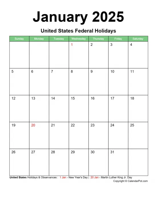 January 2025 United States Calendar Classic Bordered Green Portrait Sunday Start Week Full Design16