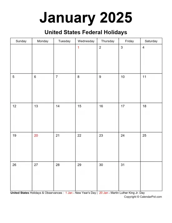 January 2025 United States Calendar Classic Bordered Month Portrait Sunday Start Week Full Design1