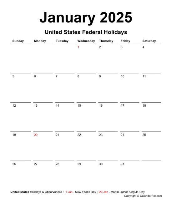 January 2025 United States Calendar Classic Day Border Horizontaly Portrait Sunday Start Week Full Design13