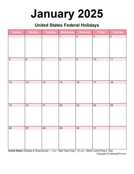 January 2025 United States Calendar Classic Day Color Horizontaly Portrait Sunday Start Week Full Design12