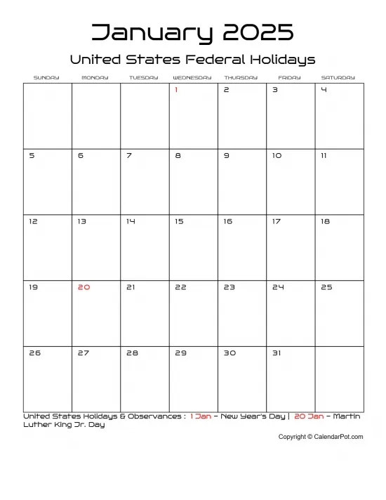 January 2025 United States Calendar Classic Month Outlined Portrait Sunday Start Week Full Design4