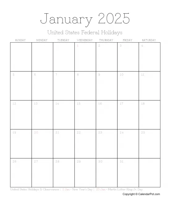 January 2025 United States Calendar Month Outlined Portrait Sunday Start Week Full Design2